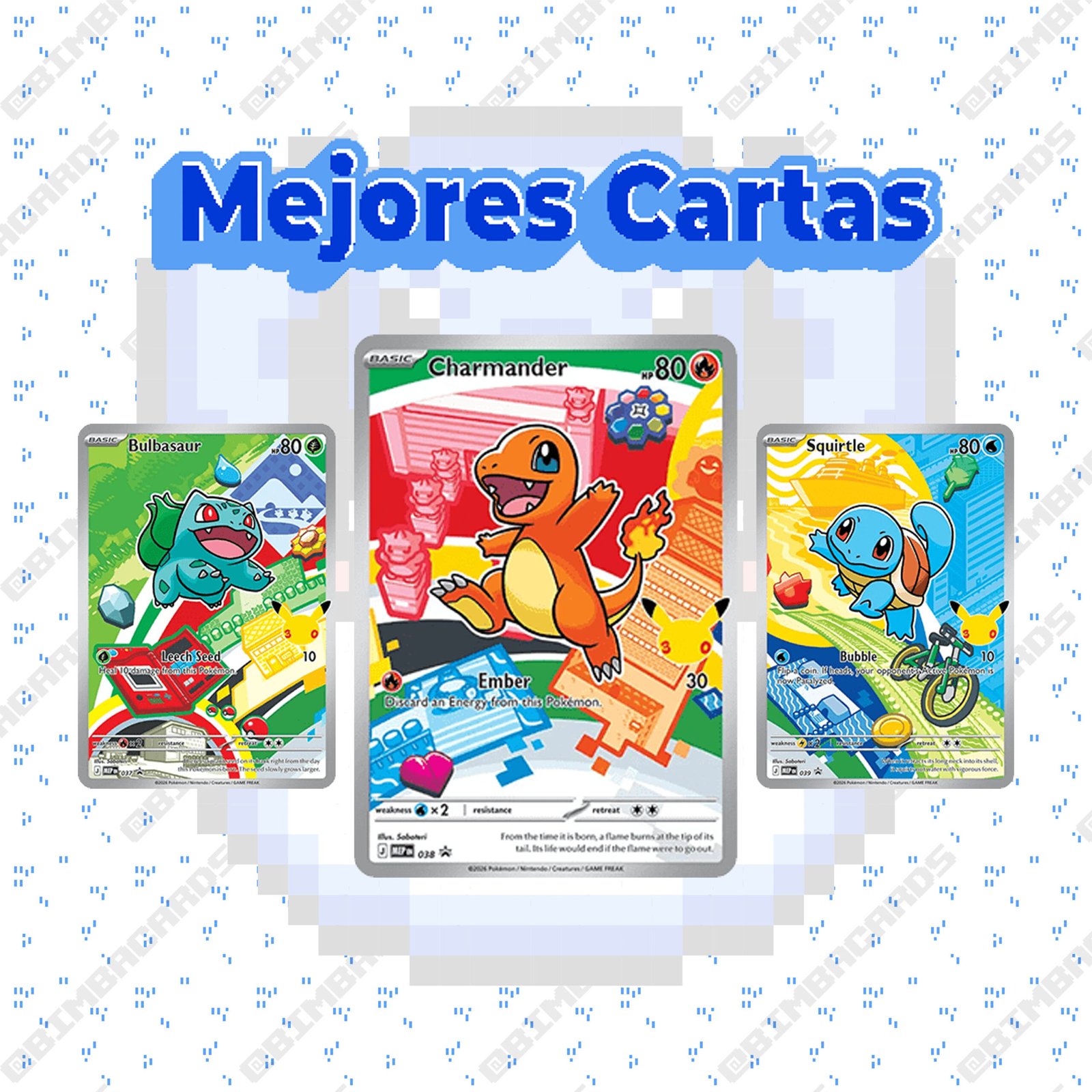 Cartas Pokémon pixel art – Bulbasaur, Charmander y Squirtle