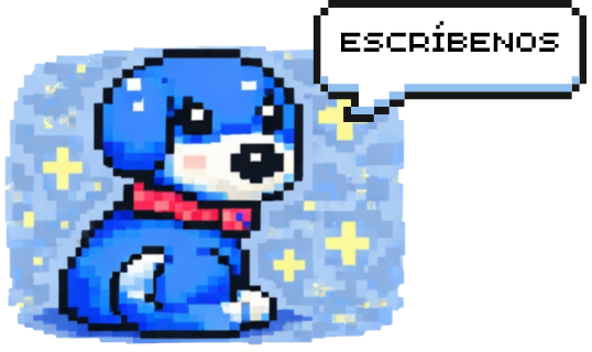 Perro azul pixel art con bocadillo “ESCRÍBENOS” – Contacto