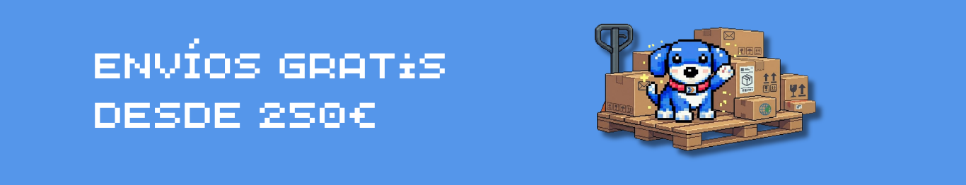 Banner con perro pixel art y palets mostrando envío gratis desde 250€