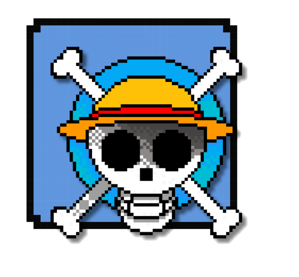 Logo pirata estilo pixel art con sombrero amarillo – One Piece
