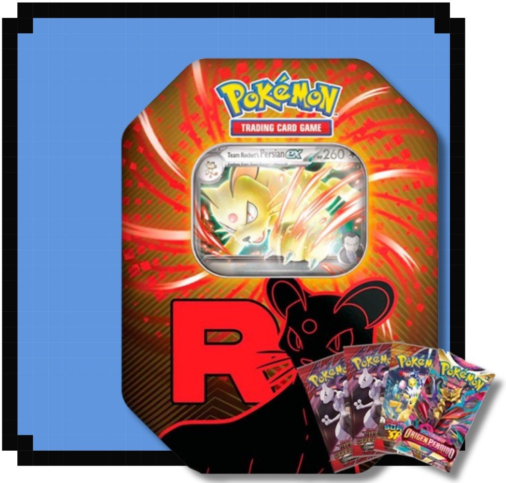 Lata Pokémon Team Rocket Persian EX con sobres de cartas Pokémon