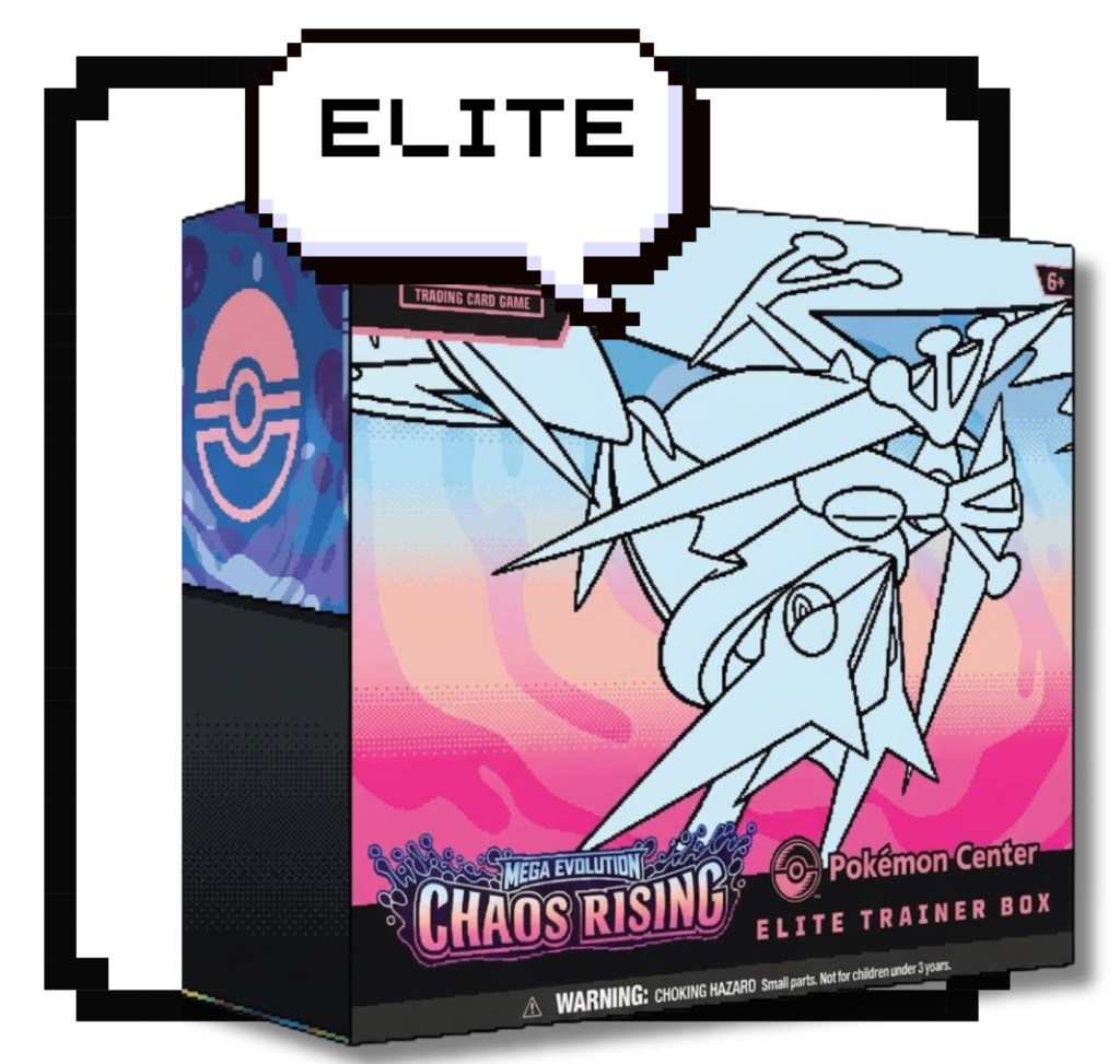 Caja de Entrenador Élite Mega Evolución Chaos Rising con diseño de estilo retro