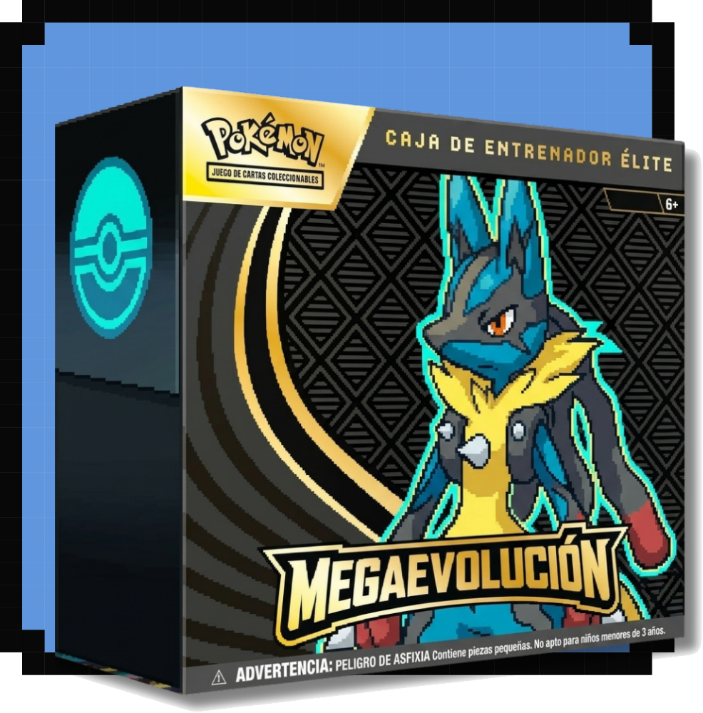 Caja de Entrenador Élite Mega Evolución Pokémon, con arte de Lucario
