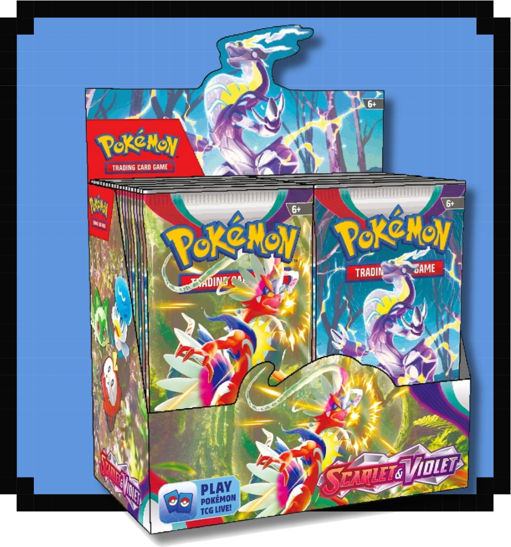 Caja de Sobres Pokémon Escarlata y Púrpura, TCG, con arte de Miraidon y Koraidon