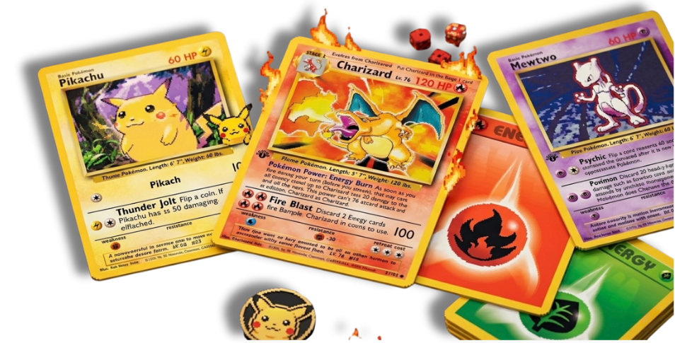 Cartas Pokémon Pikachu, Charizard y Mewtwo con energía fuego y planta