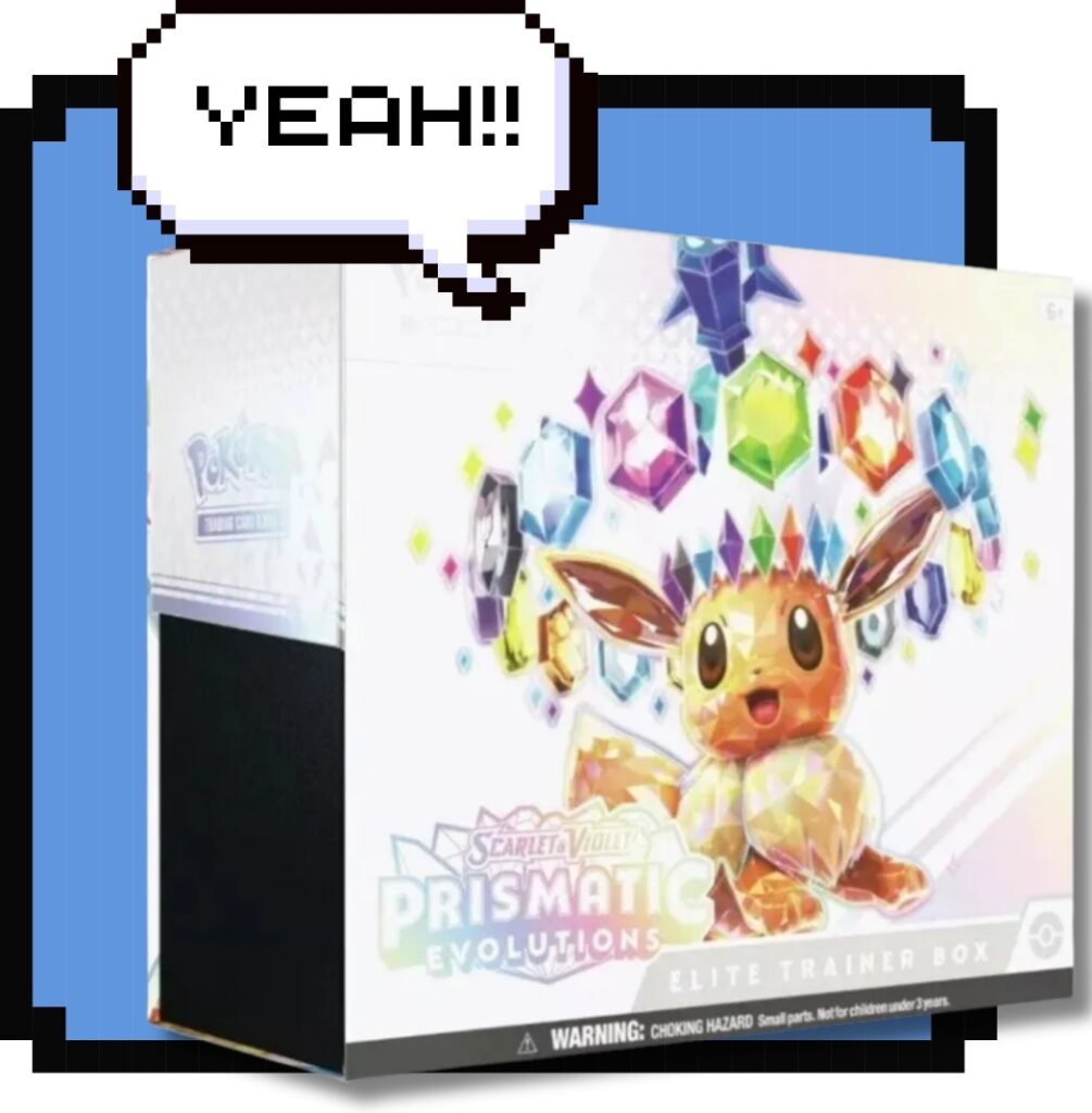 ETB Pokémon Prismatic Evolutions Scarlet & Violet con Eevee, caja de entrenador para cartas coleccionables, imagen con efecto divertido.