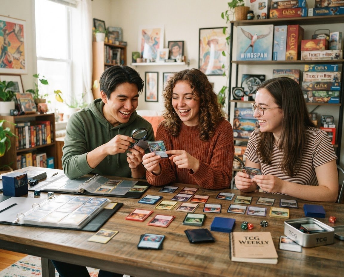 Grupo de coleccionistas revisando cartas juntos