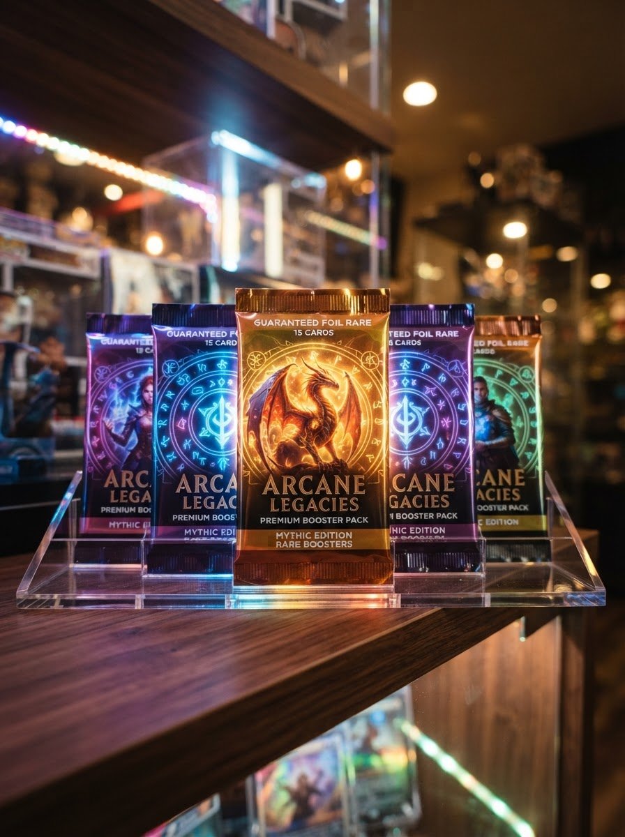 Sobres de cartas coleccionables expuestos en una vitrina iluminada