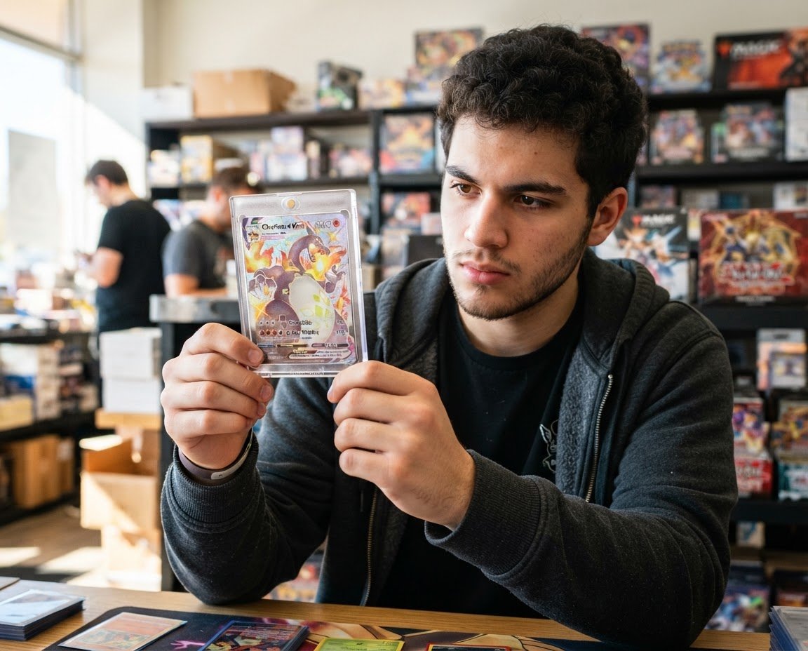 Coleccionista mostrando una carta protegida en su funda