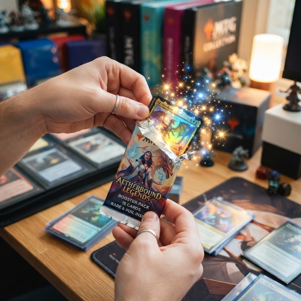 Manos abriendo un sobre de cartas coleccionables